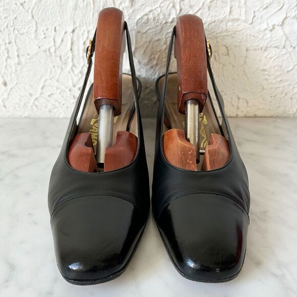 Salvatore Ferragamo Navy Blue Leather Cap Toe Slingback Delier in Box-9.5AAA - Picture 3 of 10